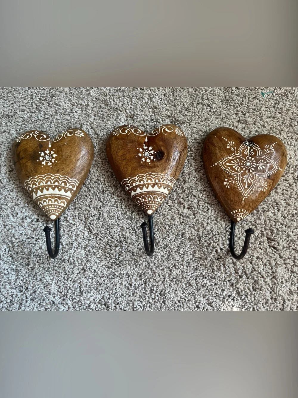 Set of 3 Boho Wooden Heart Wall Hooks with White Hand-Painted Designs